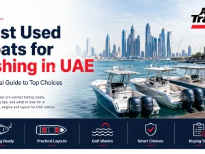 Used fishing boat cruising in UAE coastal waters at sunset