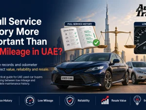 Used car buyer in UAE comparing full service history and low mileage on two vehicles