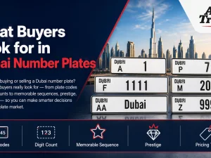 Luxury car with distinctive Dubai number plate parked in UAE cityscape