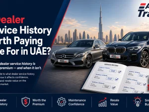 Used car buyer in UAE reviewing dealer service history documents before purchase