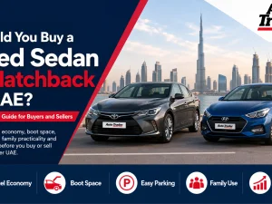 Used sedan and hatchback parked side by side in a UAE urban setting