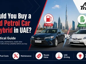 Used petrol and hybrid cars parked in a UAE city showing buyer options