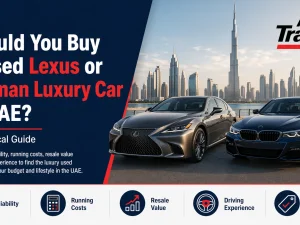 Used Lexus and German luxury cars parked side by side in the UAE