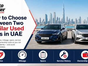 Two similar used cars parked side by side in a UAE dealership lot