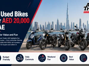 Row of used motorcycles parked in a UAE showroom within a 20,000 AED budget