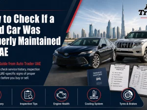 Buyer inspecting a used car engine bay in the UAE to check maintenance condition