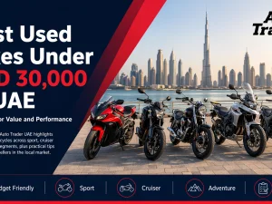 Used motorcycle parked on a UAE road, ideal option under AED 30,000
