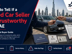 Buyer inspecting a used car with a seller in the UAE