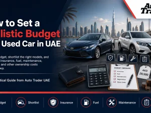 Used cars parked in a row at a dealership in the UAE with price tags on windshields