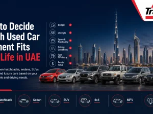 Used car segments in UAE including hatchbacks, sedans and SUVs in a Dubai parking area