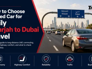 Used commuter car driving on UAE highway between Sharjah and Dubai