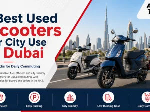 Used city scooters parked on a Dubai street