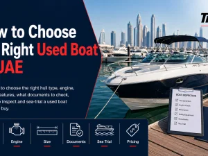 Used family motorboat cruising in UAE waters at sunset