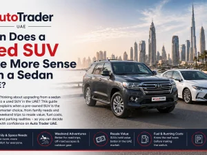 Used SUV and sedan parked side by side in the UAE, illustrating body style comparison for buyers