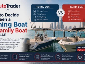 Fishing boat and family boat cruising off the UAE coastline at sunset