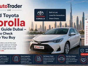 Used Toyota Corolla sedan parked in Dubai with city skyline in the background