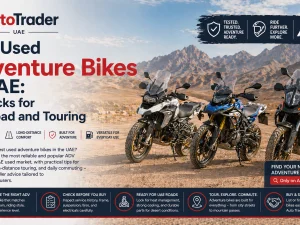 Used adventure bikes parked in UAE desert ready for off-road riding