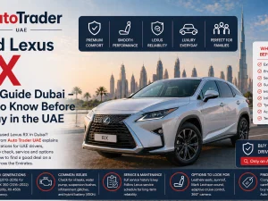 Used Lexus RX luxury SUV parked in Dubai with city skyline in the background