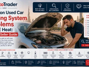 Mechanic inspecting a used car radiator and cooling system in hot UAE conditions