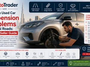 Mechanic inspecting a used car suspension component in a Dubai workshop