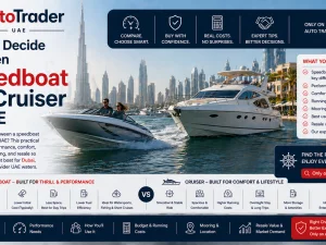 Speedboat and cruiser moored in a UAE marina at sunset