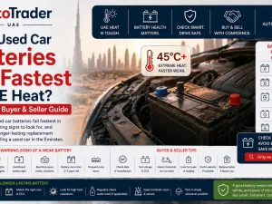 Used car battery under the bonnet of a vehicle in UAE summer heat