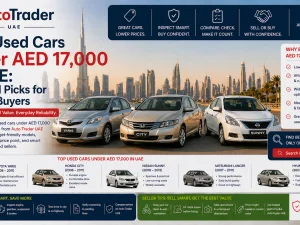 Budget used cars parked in a UAE city, representing affordable options under AED 17,000
