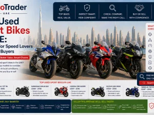 Used sport bike parked in UAE with city skyline in the background