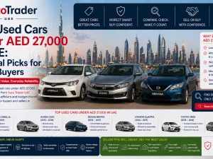 Line‑up of budget used cars parked outdoors in UAE under 27,000 AED