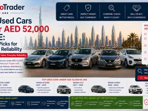 Lineup of popular used sedans and SUVs parked in the UAE, representing the best used cars under AED 52,000