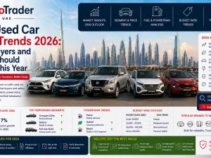 Used cars parked in a UAE dealership lot reflecting 2026 price trends