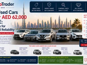 Used cars parked in a Dubai car market under AED 62,000 budget