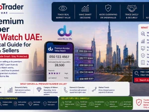 du premium mobile number on a smartphone in a UAE car showroom