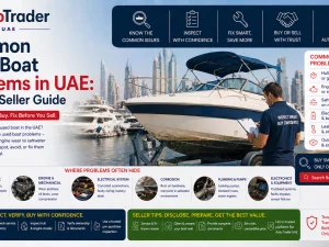 Used boat moored in a UAE marina showing signs of saltwater wear
