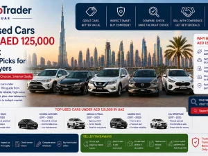 Line-up of popular used cars parked in a UAE urban setting