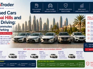 Used cars driving on Sheikh Zayed Road between Dubai Hills and Dubai Marina