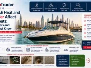 Used motorboat moored in UAE marina showing sun and saltwater wear