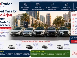Used compact car parked in a residential Dubai community like JVC or Arjan