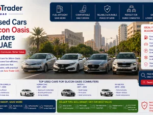 Used commuter cars parked near Dubai Silicon Oasis