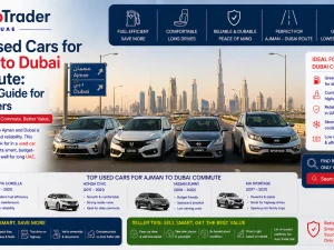 Used cars lined up on a UAE highway, ideal for daily Ajman to Dubai commute