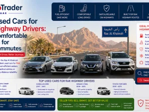 Used sedan driving on RAK highway in the UAE