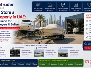 Boat stored properly on a trailer with cover in UAE marina parking