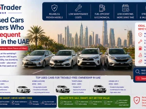 Line-up of reliable used cars parked in the UAE under the sun