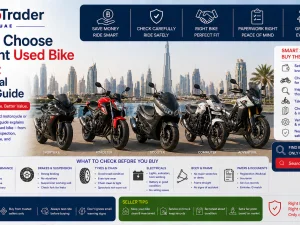 Used motorcycles and scooters parked in a UAE urban setting