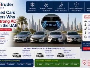Used cars lined up in the UAE with strong air conditioning systems suitable for idling in hot weather