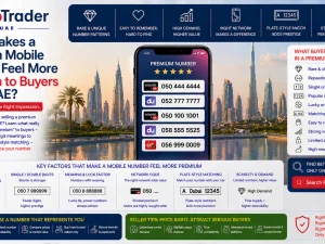 Premium mobile number displayed on smartphone next to car keys in the UAE