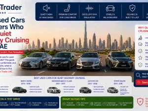 Used luxury sedan cruising quietly on a UAE highway at sunset