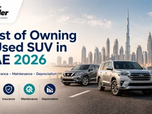 Used SUV driving on a UAE highway, illustrating 2026 ownership costs including fuel, insurance, maintenance and depreciation