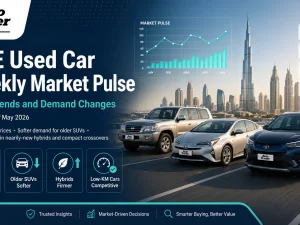 Used car showroom in the UAE with rows of vehicles reflecting current May 2026 market conditions