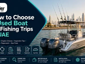 Used fishing boat cruising in UAE waters at sunset